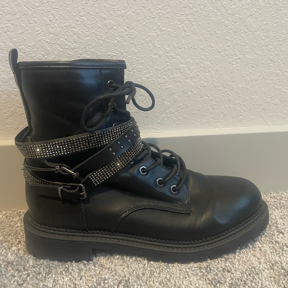 Rhinestone Strappy Combat Boots